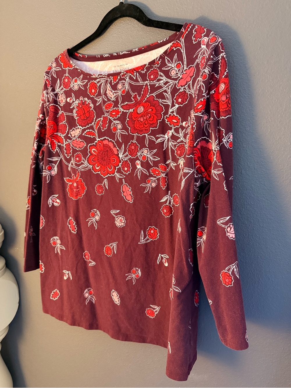 Talbots Burgundy 3/4 Sleeve Floral Tee with Red Flowers